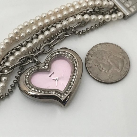 Guess Ladies Watch Heart Shape Pink Face Beads Cha - Picture 7 of 12